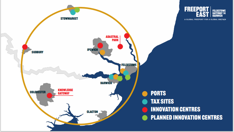 It's a graphic of a map showing where Freeport East is. Orange, blue, red and green circles indicate the relevant locations in Essex and Suffolk.