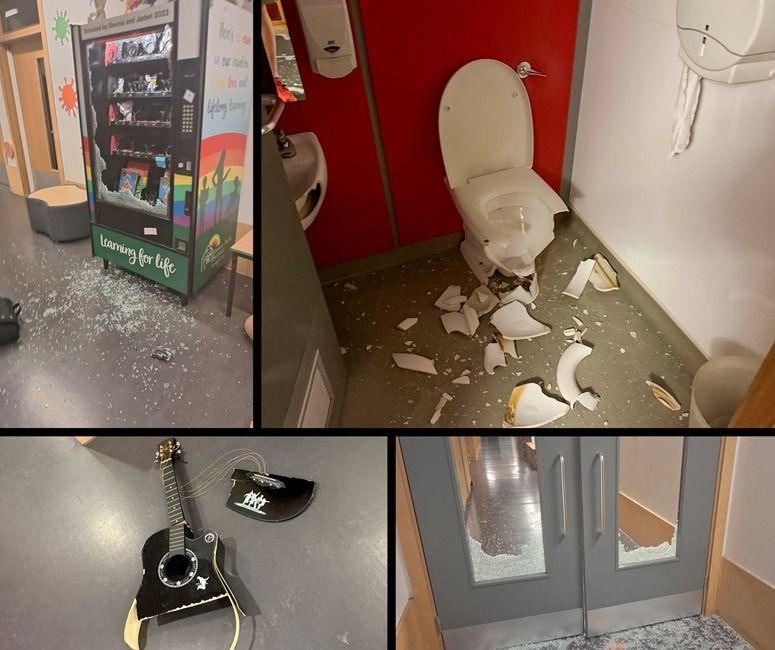 A collage of four pictures, showing vandalism at the schools. Top left shows a venidng machine with books in it but the glass has been shattered. Top right shows a disabled toilet but the toilet seat has been smashed to pieces. Bottom right is a black guitar with the bottom panel broken off. Bottom right shows double doors but the glass has been smashed.