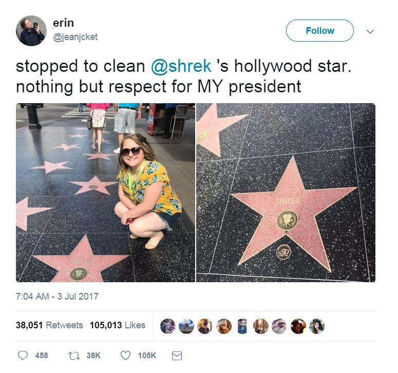 Woman kneeling next to Shrek Hollywood star. Tweet saying: stopped to clean @shrek 's hollywood star. nothing but respect for MY president