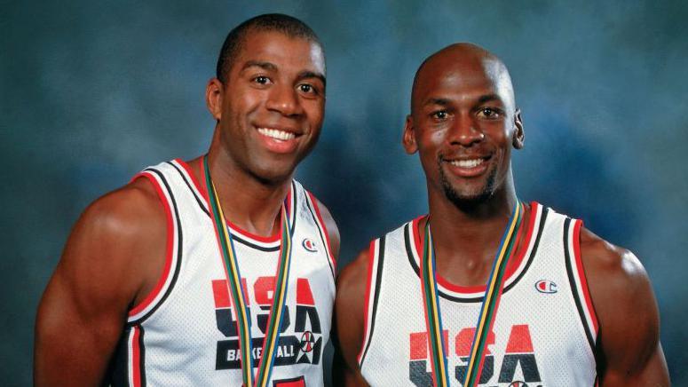 Magic Johnson and Michael Jordan with their gold medals after the USA 'Dream Team' won the 1992 Olympics