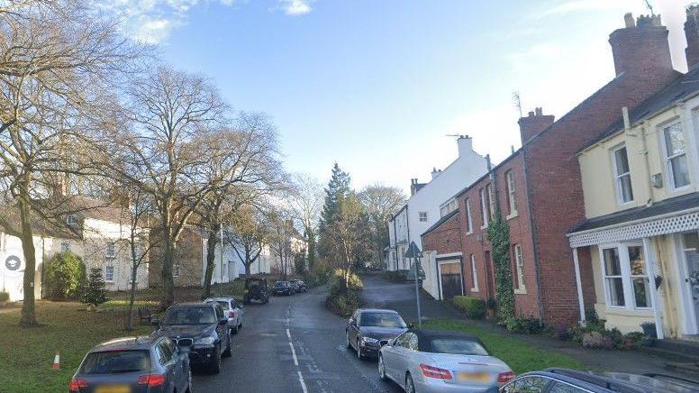 High Street in Shincliffe. It is a narrow two-lane road, with cars parked on each side. The street is lined with trees and houses on both sides.