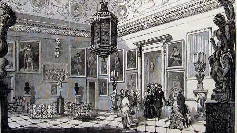 A picture of an engraving depicting Queen Victoria's visit to a grand reception room at Stowe House in 1845.