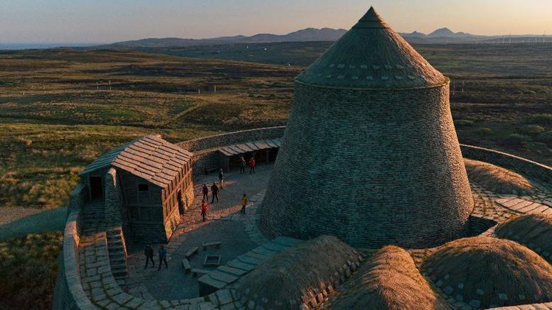 The visualisation shows the exterior of the broch. The stone tower is topped with a conical turf roof. Below it are a number of loaf-shaped, turf roofed houses and stone building with a peaked roof. The complex of structures are surrounded by a stone wall.