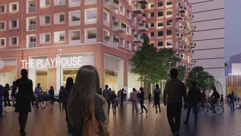 A visualisation of what the development at the site of the Bull Ring Indoor Market could look like, showing crowds walking towards a new building with the sign that says the playhouse on it.