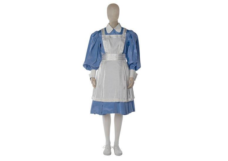 A blue and white nurses uniform in the traditional style