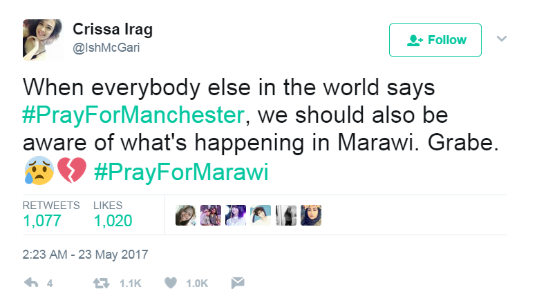 Tweet calling for people to pray for Marawi, not just Manchester