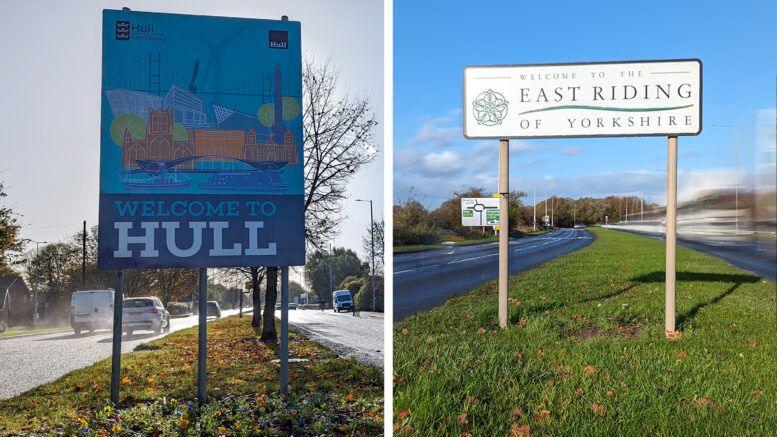 Composite image of road signs welcoming motorists to each region. The Hull sign features an image of Hull Minster, along with a wind turbine. The East Riding sign bears the region's flag, depicting a rose.