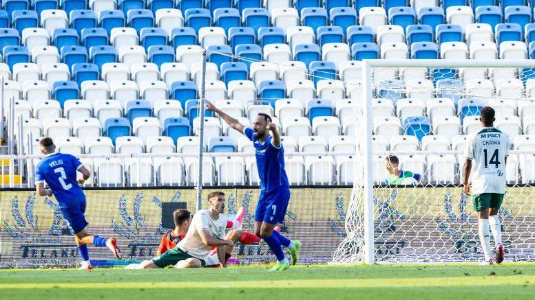 Valmir Nafiu celebrates after scoring for Malisheva against Hibernian