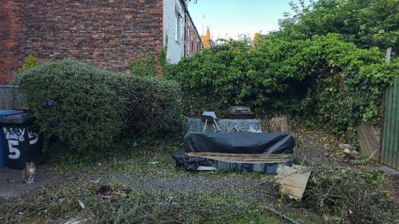 Disused green space with overgrown hedges and rubbish strewn across the ground. There is a bin with the number five on it to the left of the image.