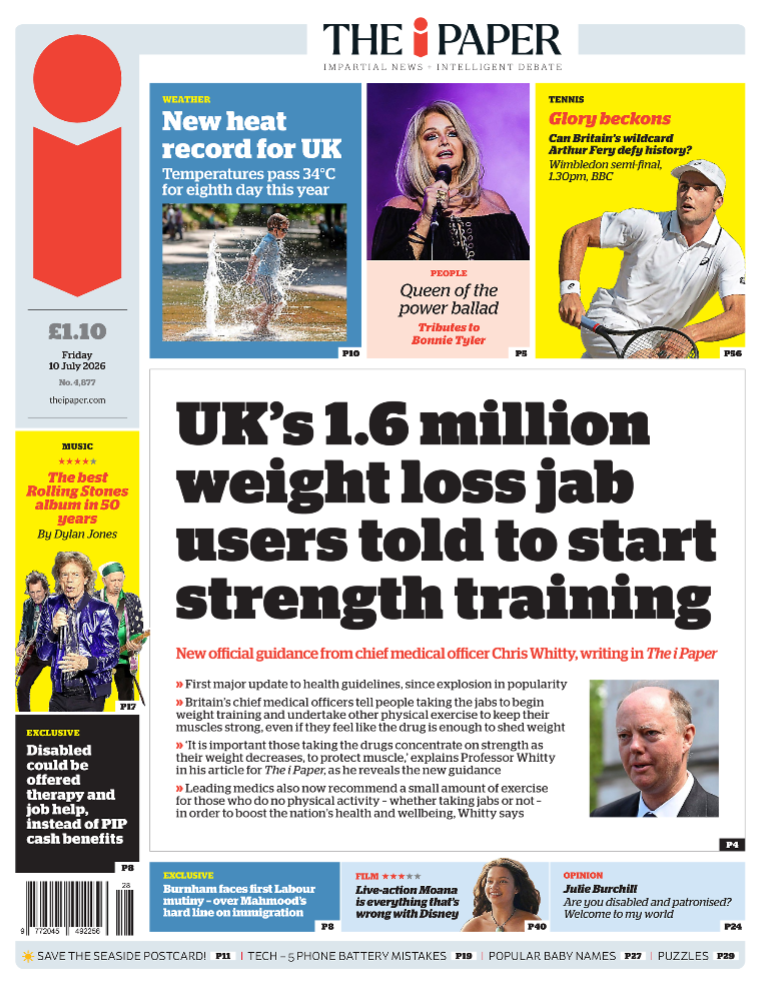The headline on the front page of the i Paper reads: 'UK's 1.6 million weight loss jab users told to start strength training'.