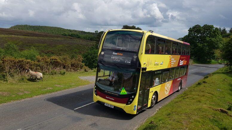 The yellow and red coloured double decker bus in on a country road heading up to the hills.  A sheep on the left is walking away from it.