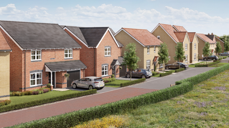 A CGI illustration of a street of detached houses with cars parked in their drives, overlooking a field.