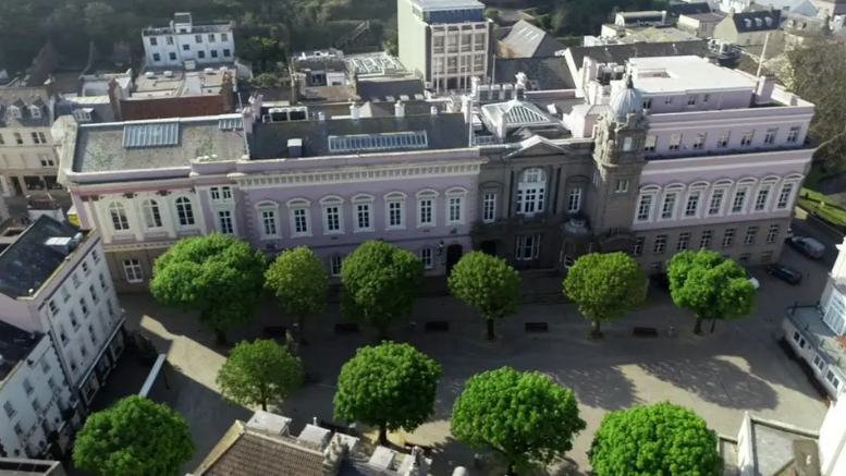 An aerial of the States of Jersey building.