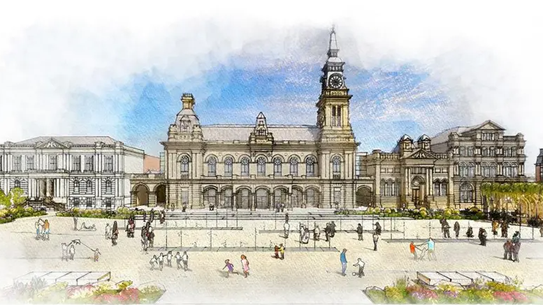 Artist's impression of how the Southport Legacy Project community space will look. Shows families playing in front of Southport Town Hall.