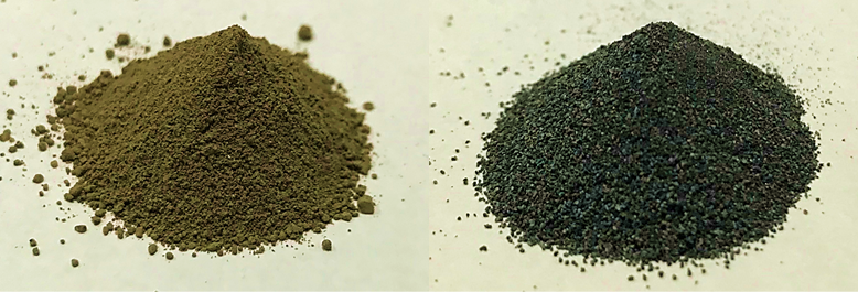 Simulated moon dust (left) and metal powder with oxygen extracted (right)