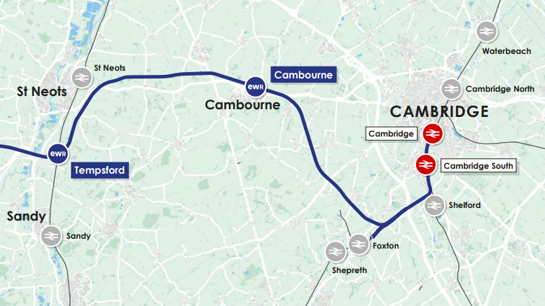 A map has a blue line showing the route for East West Rail between Cambourne and Cambridge. There is a circle indicating a station at Cambourne before the route heads in a south-easterly direction, then goes north-east towards Cambridge South station, which is marked by a red circle with a railway sign in the middle.