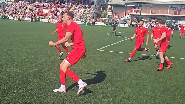 Lorne Bickley celebrates his winning goal in the Muratti Vase