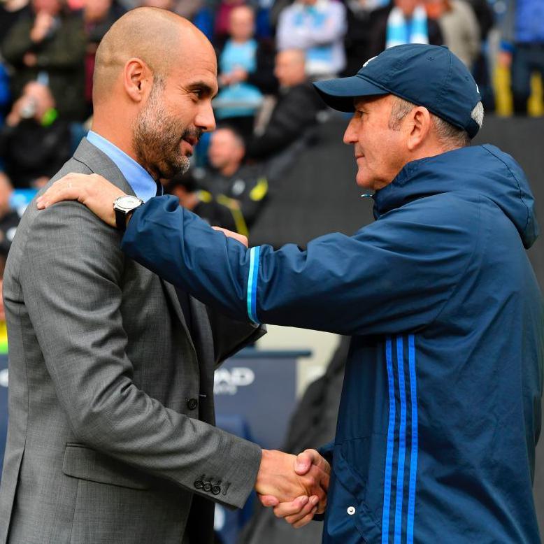 Pep Guardiola greets Tony Pulis before their second meeting in English football, when Manchester City beat West Brom 3-1 at Etihad Stadium in May 2017