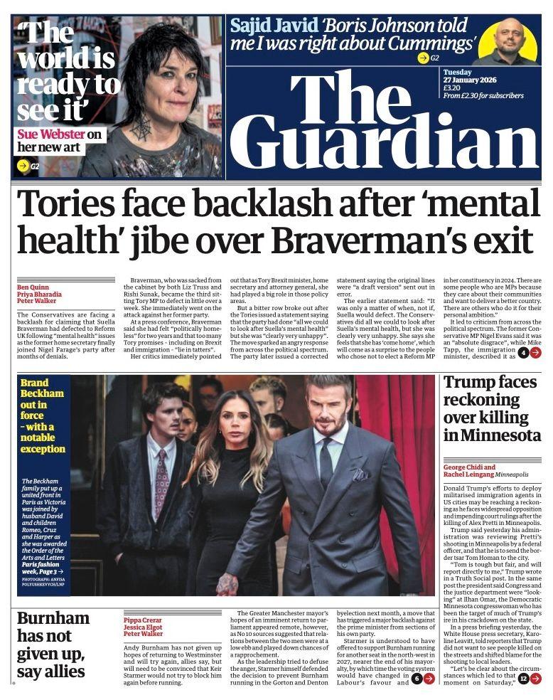Titulli në faqen e parë të gazetës Guardian thotë: “Konservatorët përballen me reagime të ashpra pas talljes së tyre me 'shëndetin mendor' për shkak të largimit të Braverman”.