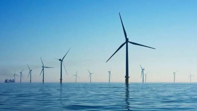 A number of wind-turbines emerging from the ocean surface against a blue sky