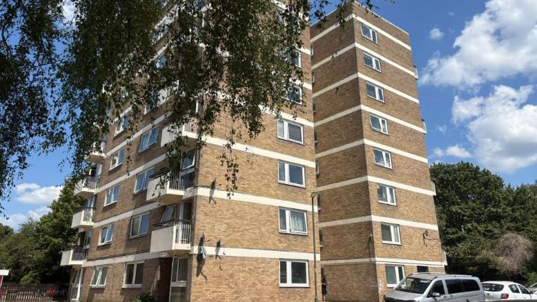 Lushington House, a block of flats in Walton-on-Thames. There are a couple of cars parked in front of the building.