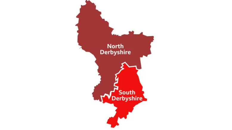 Map of Derbyshire split in two labelled 'north' and 'south' with north coloured in dark red and south bright red 