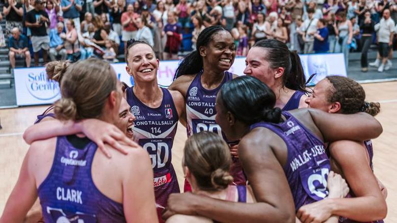 Loughborough Lightning celebrate beating Manchester Thunder to reach the 2025 Netball Super League Grand Final