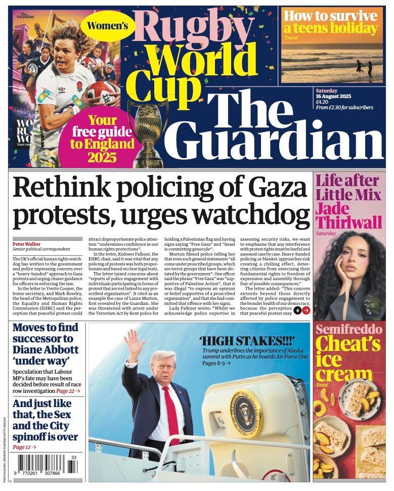 The headline on the front page of the Guardian reads: "Rethink policing of Gaza protests, urges watchdog".