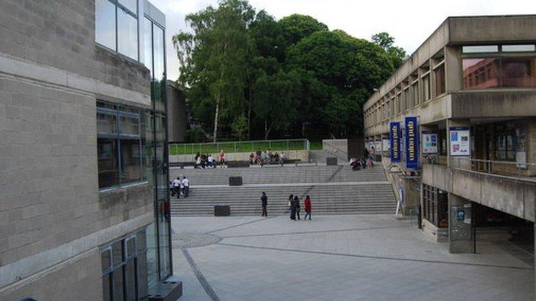 Exterior of the UEA with concrete buildings and steps