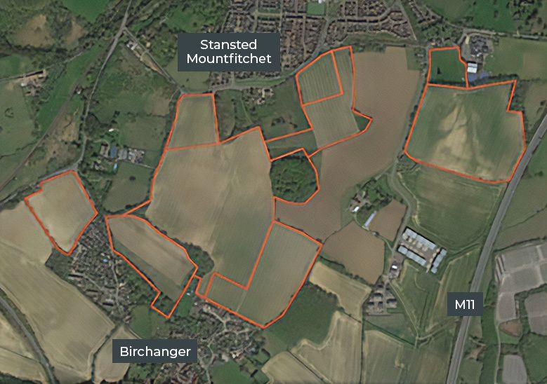 A satellite image of the land earmarked for development. It has tags showing the M11 to the east, the village of Birchanger to the south and Stansted Mountfitchet to the north. There are red lines showing the land where homes could be built on fields.