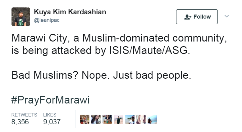 Tweet saying that the attackers are bad people, not bad Muslims