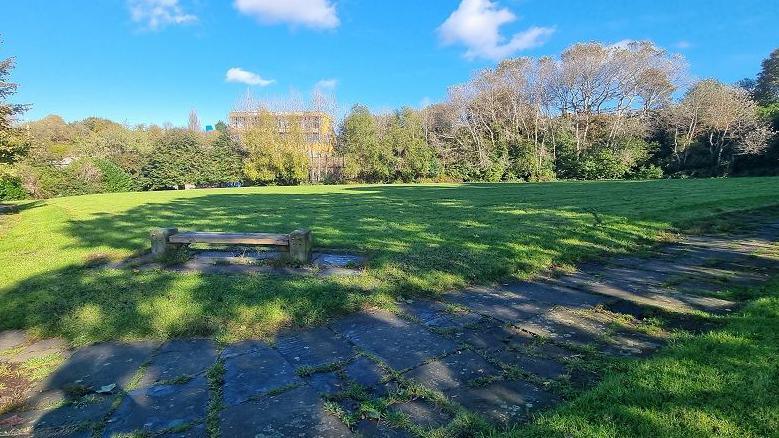 A green field surrounded by trees and a path. There is a building in the background with thin trees in front of it. The sun is shining on patches of the grass. 