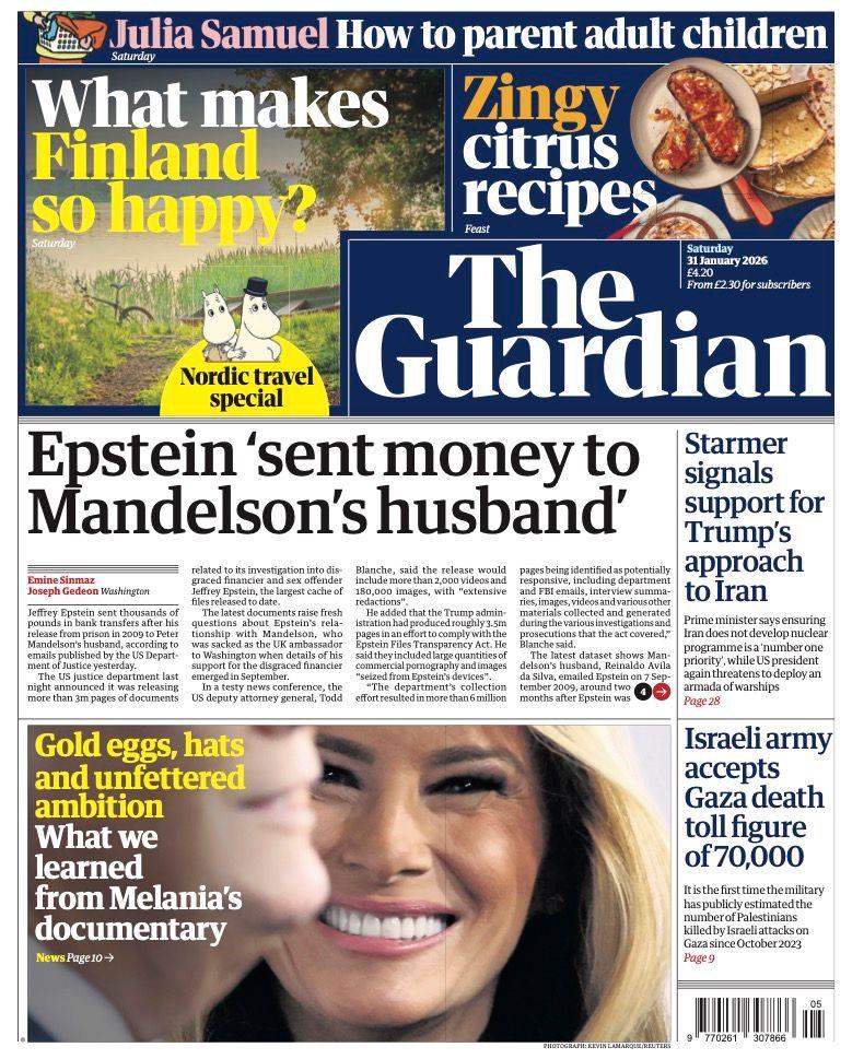 Titulli në faqen e parë të gazetës Guardian thotë: “Epstein ‘i dërgoi para burrit të Mandelson’.”