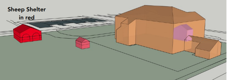 A computer-generated picture of the sheep shelter highlighted in red behind the pub.