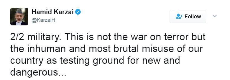 Tweet reads: "military. This is not the war on terror but the inhuman and most brutal misuse of our country as testing ground for new and dangerous". A third tweet continues: "..weapons. It is upon us ,Afghans, to stop the #USA."