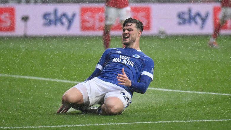 Cardiff City winger Ollie Tanner celebrates scoring a goal against Bristol City