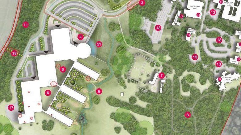 An aerial view of what the new hospital could look like, showing the footprint of the new buildings amid landscaped grounds