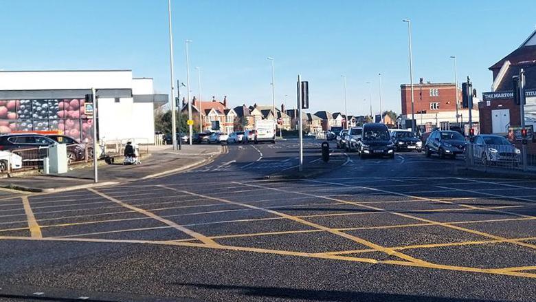 The junction of Waterloo Road and Vicarage Lane in Marton with a large box junction