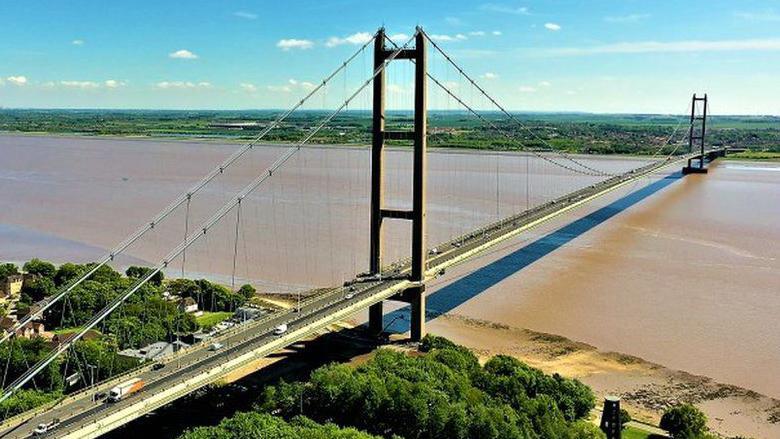 An aerial view of the Humber Bridge locking from the North bank of the Humber