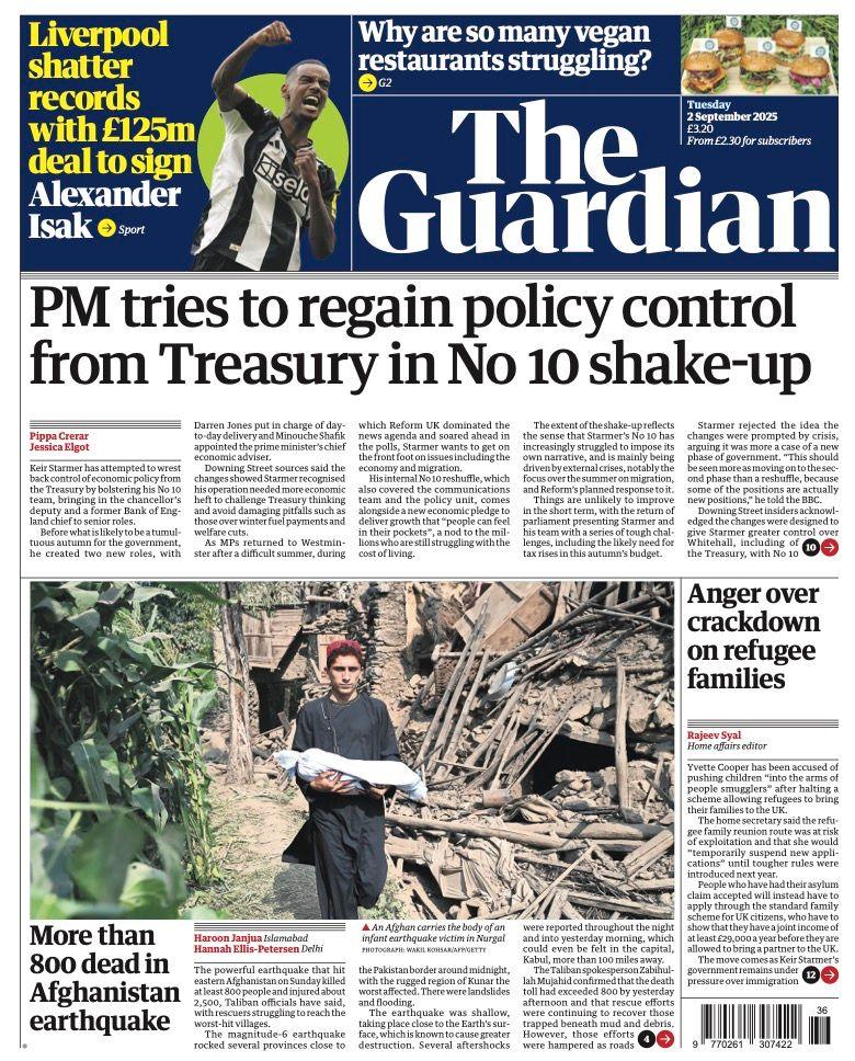 The headline on the front page of the Guardian reads: "PM tries to regain policy control from Treasury in No 10 shake-up".