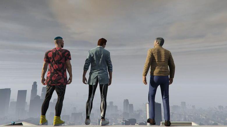 Crane, Grylls and Oosterveen overlooking the sprawling skyline of GTA's virtual city, Los Santos