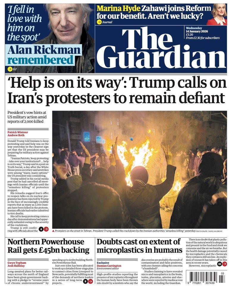 Titulli në faqen e parë të gazetës Guardian thotë: “‘Ndihma është duke ardhur’: Trump u bën thirrje protestuesve të Iranit të qëndrojnë sfidues.”