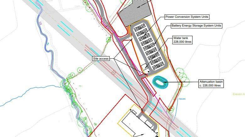 A draft plan of where the battery storage facility would fit in the countryside.