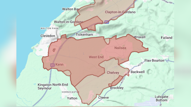 A map of the affected area in North Somerset with affected areas shown in red with the rest of the map green