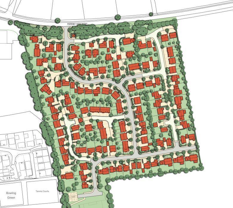 A bird's eye map of a the homes to be built. It shows green areas and red shapes where there will be houses.