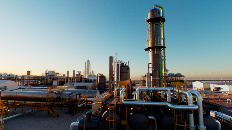 An illustrative image showing how the facility could look, including industrial towers and metal piping