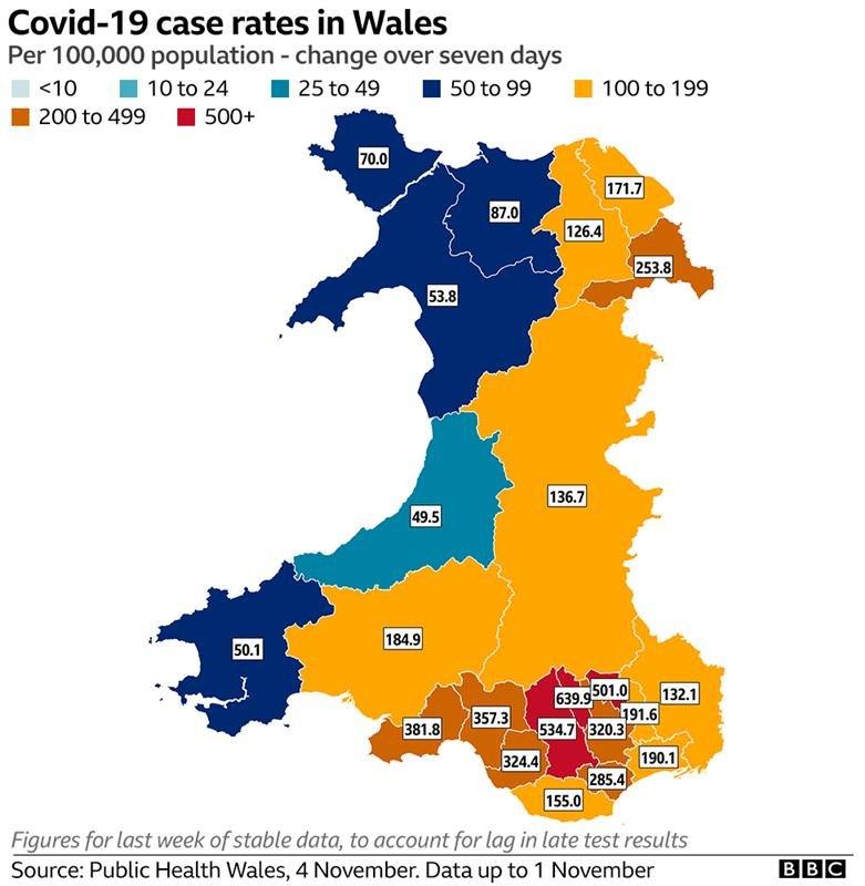 Map of Covid infection rates per 100,000 population up to 3 Nov