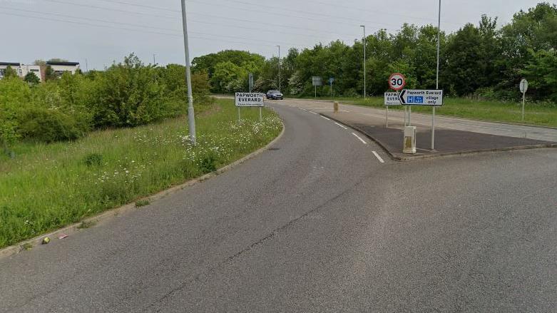 Google Street View image of a roundabout, headed to Papworth Everard