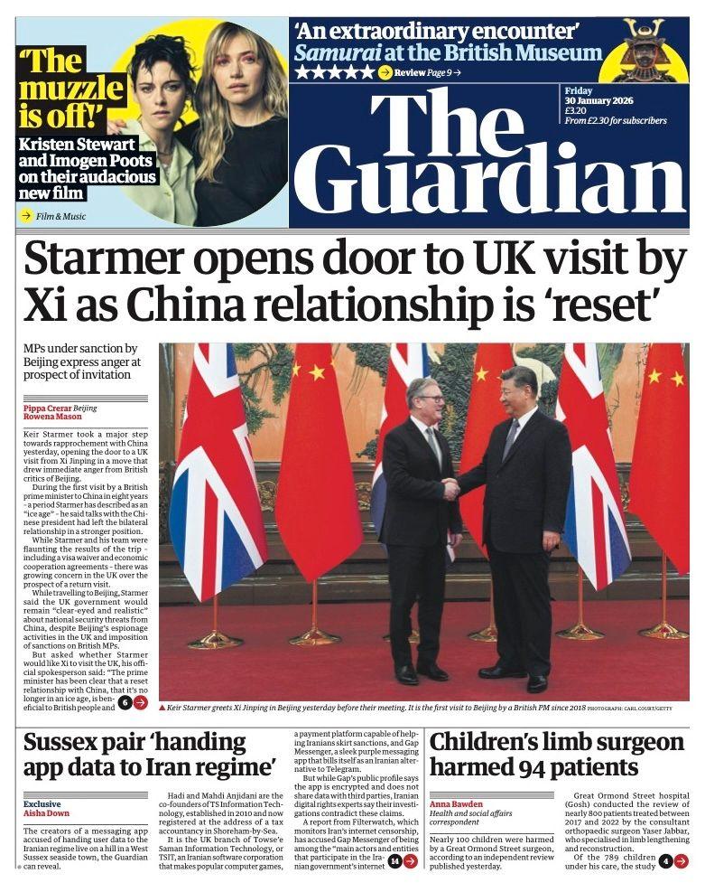 Titulli në faqen e parë të gazetës Guardian thotë: “Starmer i hap derën vizitës së Xi në Mbretërinë e Bashkuar, ndërsa marrëdhëniet me Kinën janë ‘rivendosur’”.