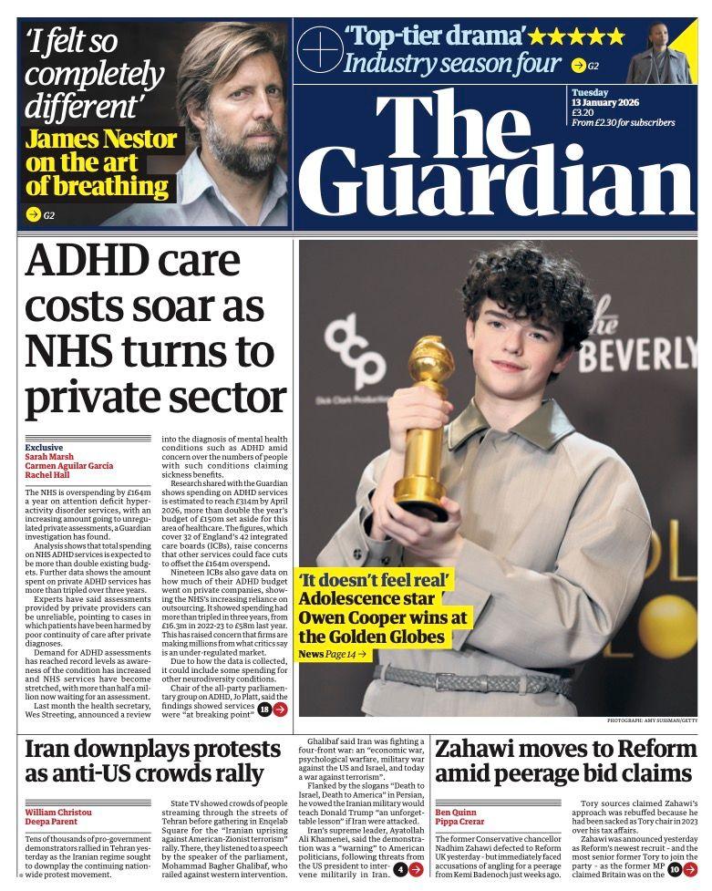 Titulli në faqen e parë të gazetës Guardian thotë: "Kostot e kujdesit për ADHD rriten ndjeshëm ndërsa NHS i drejtohet sektorit privat".